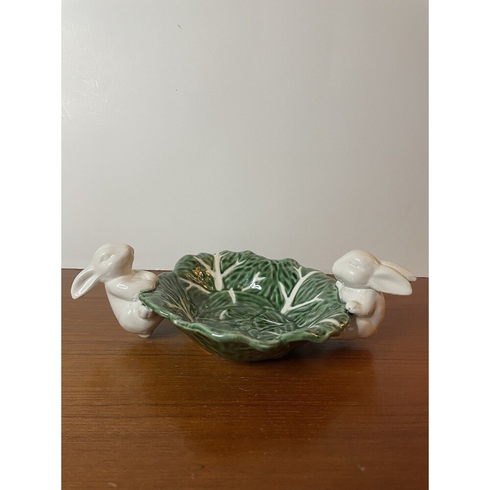 NEW- Maxcera, EASTER Bunny Rabbits Cabbage Green White Ceramic Candy Bowl Decor